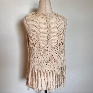 Vintage Cream macrame fringe top with open back and fringed hem // one size